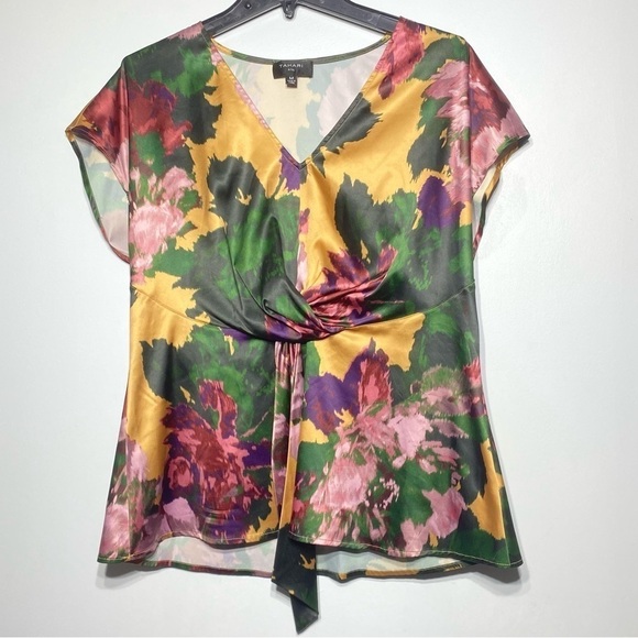 TAHARI Blouse Womens Sz M Top Abstract Floral Short Sleeve Multicolor V Neck Top - Picture 1 of 14